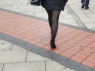 Sexiest Candid girl ever mini skirt tights and heels walking